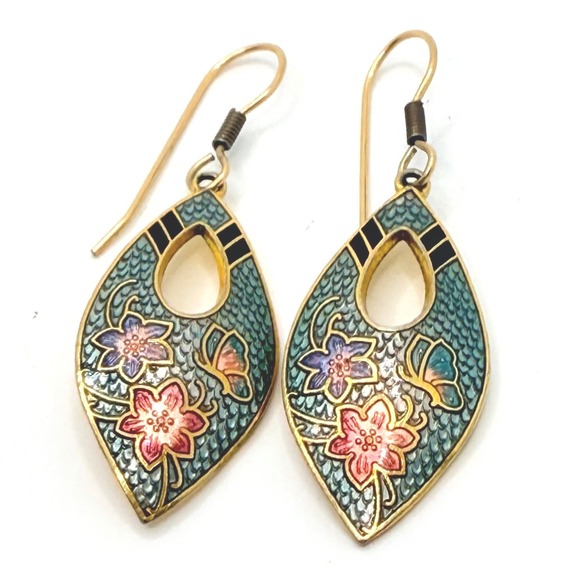 Vintage‎ Cloisonne Floral and Butterfly Dangle Drop Pierced Earring - Picture 1 of 3